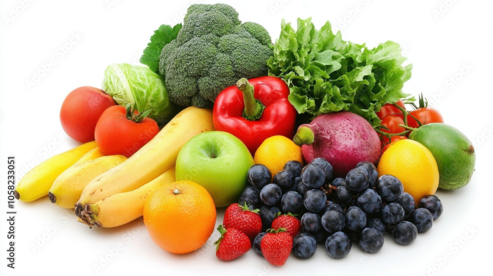Fresh fruits and vegetables including bananas, apples, broccoli, and strawberries arranged beautifully, showcasing vibrant colors and healthy nutrition Fresh fruits and vegetables including bananas, apples, broccoli, and strawberries arranged beautifully, showcasing vibrant colors and healthy nutrition