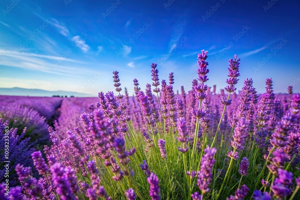 Fototapeta premium A beautiful lavender field with tall purple flowers swaying gently in the breeze against a clear blue sky, summer landscape, fragrant flowers, lavender fields, countryside