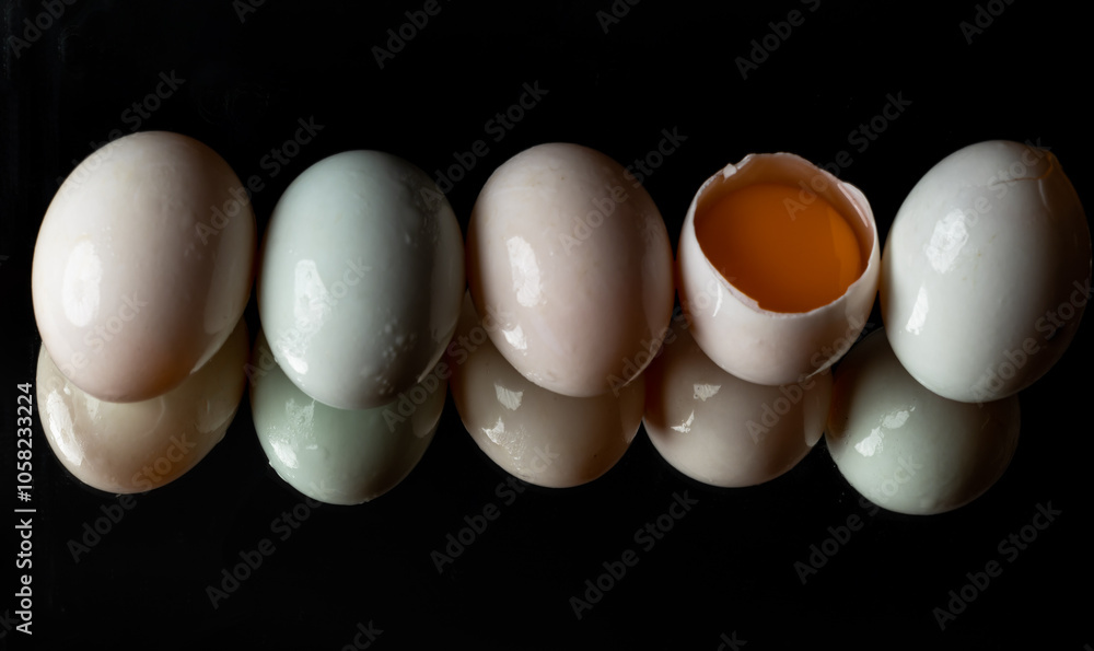 Five raw duck eggs are sitting in a row with an egg broken in half showing the yolk and white egg with reflection on dark background. use it as your Wallpaper, Poster and Space for text, Selective foc