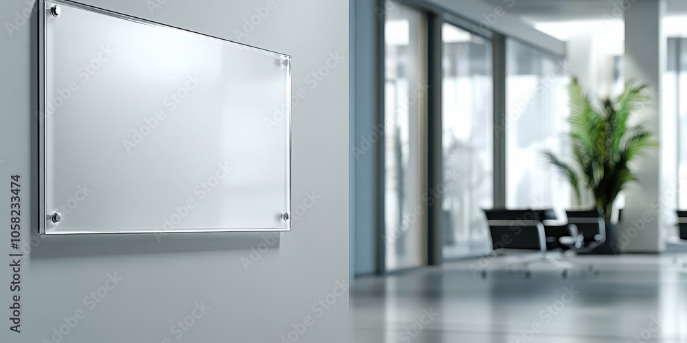 Blank Glass Nameplate in Modern Office Interior Blank Glass Nameplate in Modern Office Interior