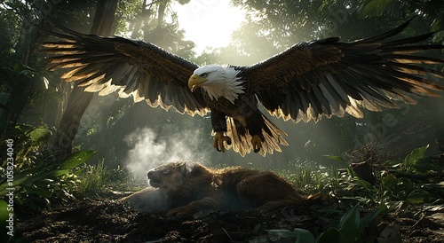 Fototapeta Naklejka Na Ścianę i Meble -  Majestic bald eagle soaring above a fallen wolf in a lush jungle setting.
