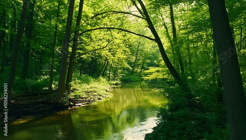 A serene forest scene with a winding creek surrounded by lush greenery.