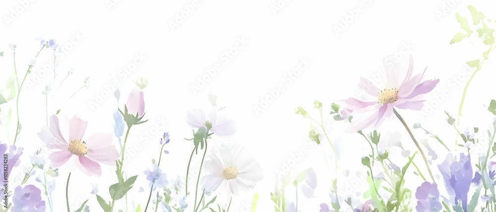 A soft watercolor illustration of various flowers against a white background. A soft watercolor illustration of various flowers against a white background.