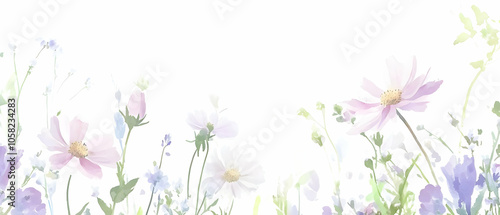 A soft watercolor illustration of various flowers against a white background.