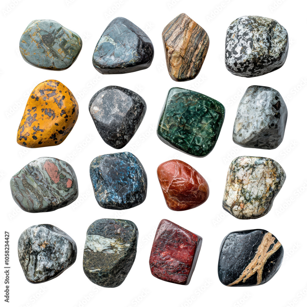 Collection of colorful polished stones on a white isolated background. Collection of colorful polished stones on a white isolated background.