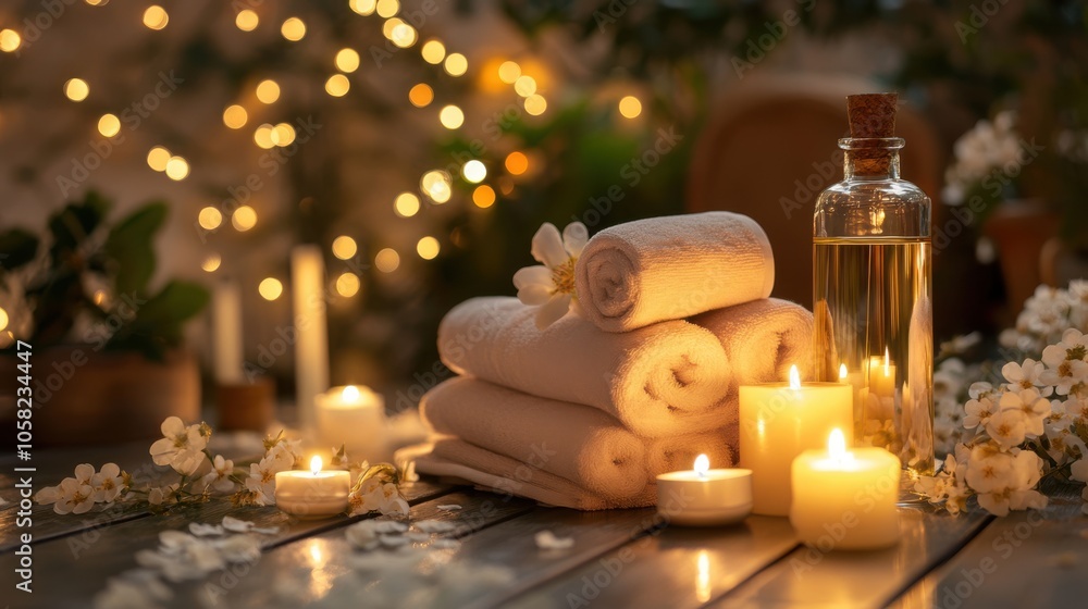 A serene spa setting with essential oils and candles, A serene spa setting with essential oils and candles,