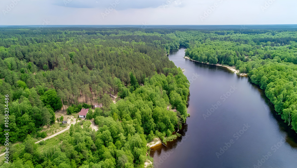 Fototapeta premium Aerial view of a serene river winding through lush green forests.