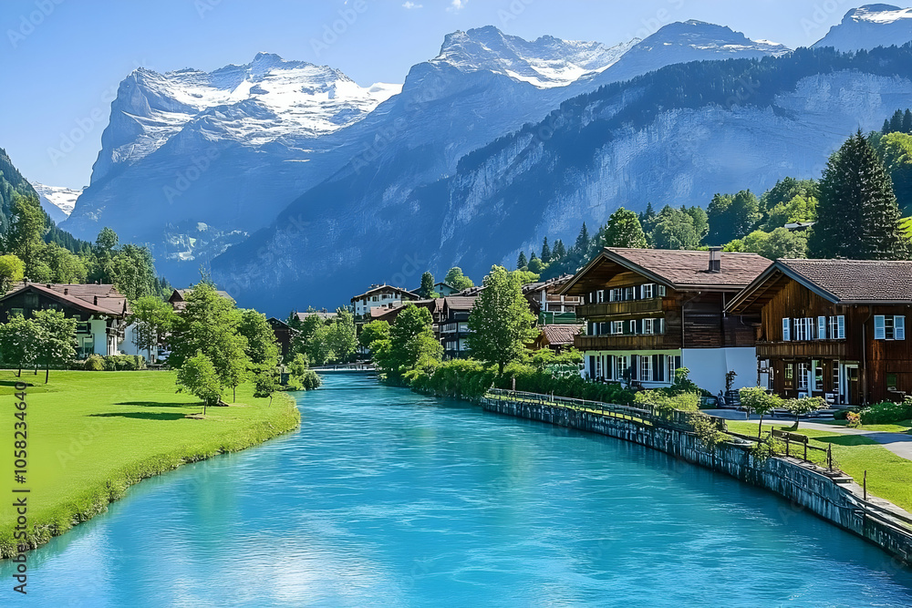 Naklejka premium Scenic view of a river surrounded by mountains and wooden houses in a serene landscape.