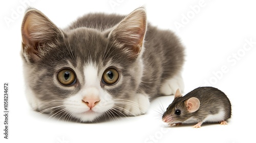 Image of a cute domestic cat staring intently at a tiny mouse on a white isolated background, capturing a moment of curiosity and potential chase.