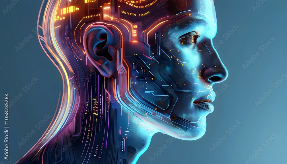Futuristic AI Cybernetic Head Profile: Ultra-HD Realistic Side View of a Digital Human with Glowing Neon Circuitry, Data Flow, and Vibrant Colors in a Sci-Fi, Cyberpunk Aesthetic Futuristic AI Cybernetic Head Profile: Ultra-HD Realistic Side View of a Digital Human with Glowing Neon Circuitry, Data Flow, and Vibrant Colors in a Sci-Fi, Cyberpunk Aesthetic