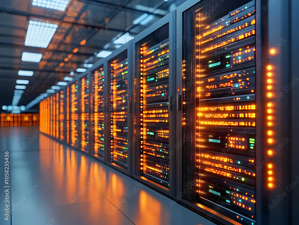 3D Illustration of Data Center Server Room with Luminous Servers 3D Illustration of Data Center Server Room with Luminous Servers