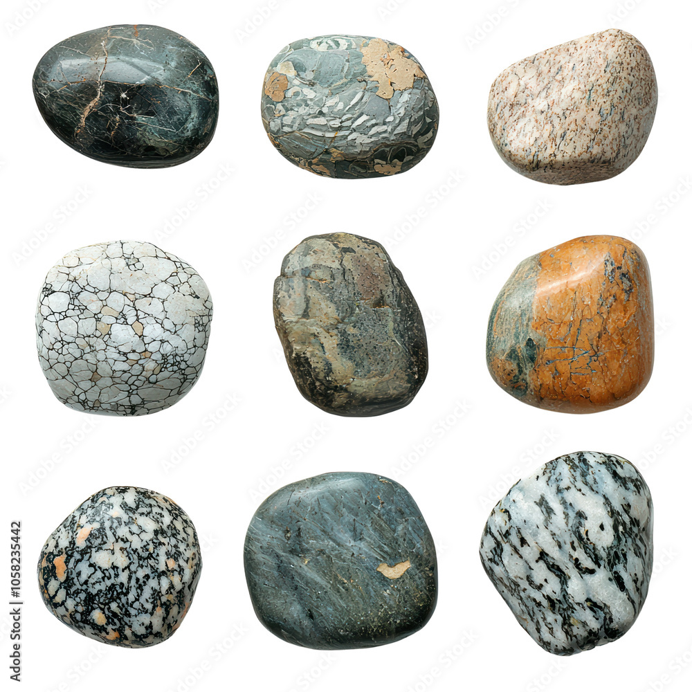 Nine unique stones with varied textures and colors on a white isolated background. Nine unique stones with varied textures and colors on a white isolated background.