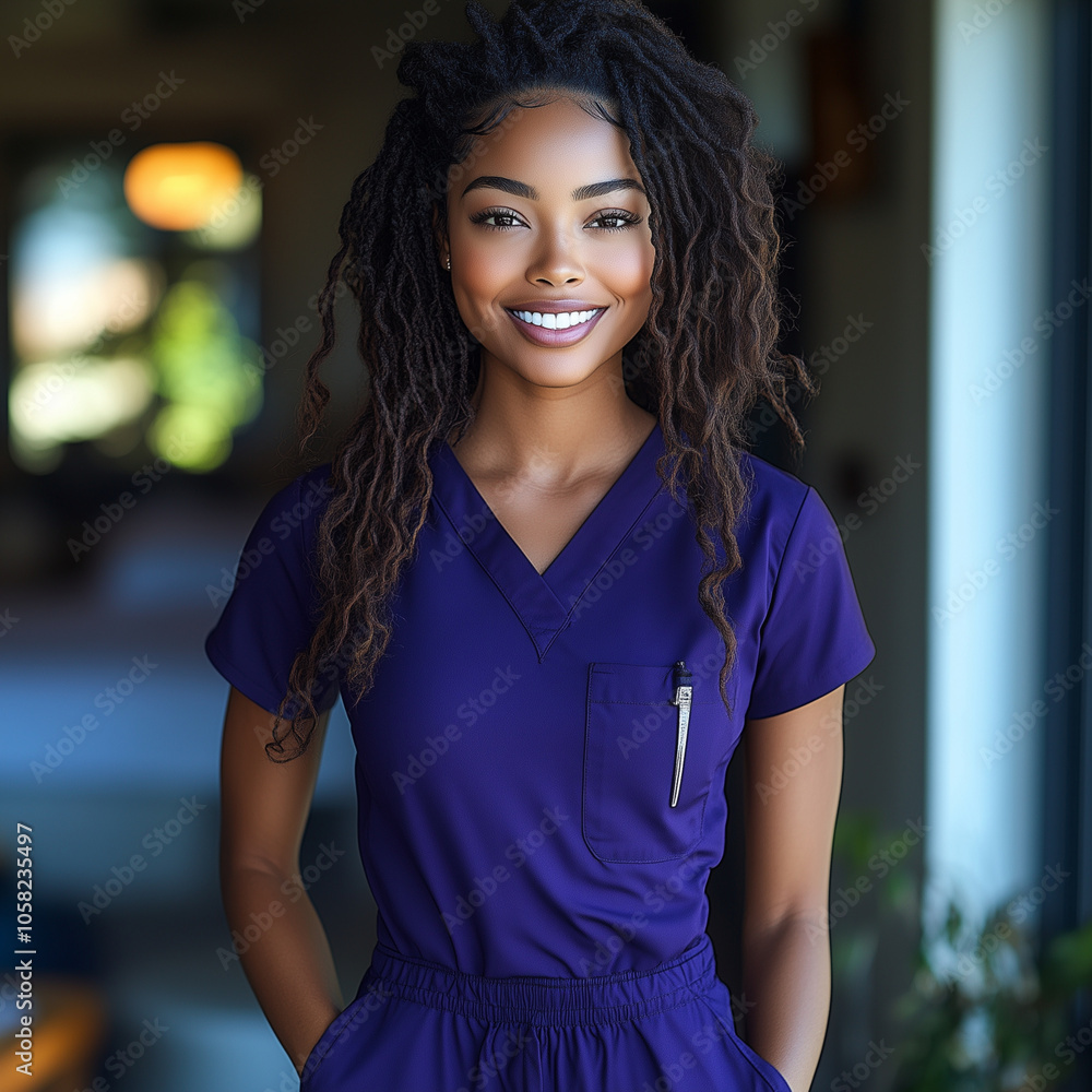 Black Woman Medical professional with Locs Smiling, Wearing Purple Scrubs, Hospital Personnel Black Woman Medical professional with Locs Smiling, Wearing Purple Scrubs, Hospital Personnel