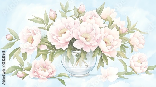 A beautiful arrangement of delicate pink peonies in a clear glass vase. Soft pastel background enhances the floral elegance and charm.