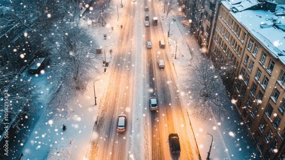 Fototapeta premium A snow-covered city street seen from above, with cars moving