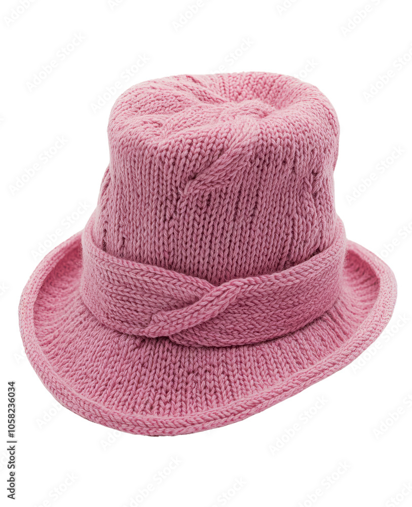Stylish pink knitted bucket hat on white isolated background. Stylish pink knitted bucket hat on white isolated background.