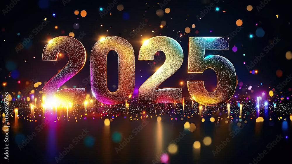 colorful 2025 new year poster, 3d golden numbers with particles colorful 2025 new year poster, 3d golden numbers with particles