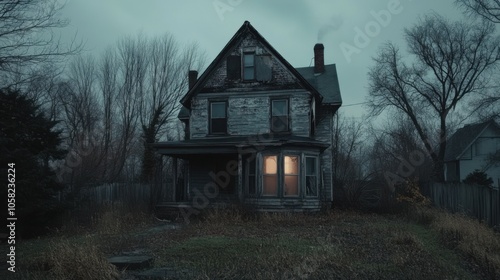 A spooky old house with boarded-up windows and an overgrown