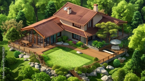 An illustration of an isometric house building using natural vectors