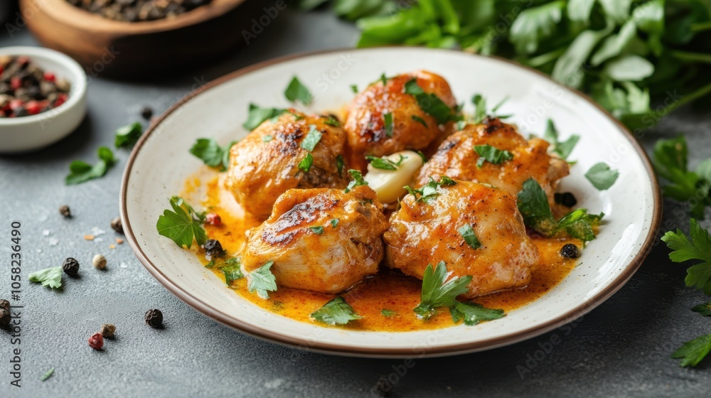 A stunning dish of garlic butter chicken on a clean white plate, A stunning dish of garlic butter chicken on a clean white plate,