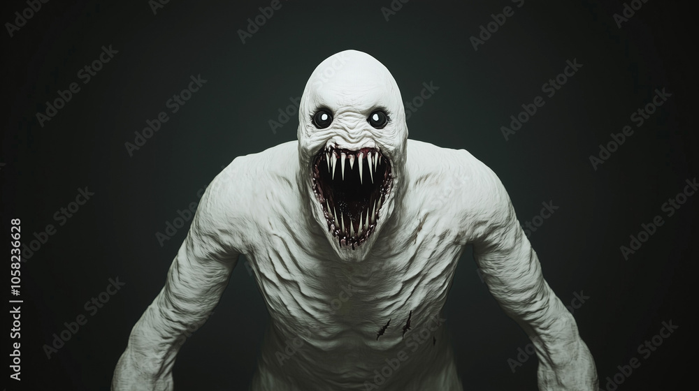 The Pale Terror: A chilling portrait of a monstrous creature, its white, featureless face contorted into a menacing grin, revealing rows of razor-sharp teeth. Its eyes, dark and fathomless. The Pale Terror: A chilling portrait of a monstrous creature, its white, featureless face contorted into a menacing grin, revealing rows of razor-sharp teeth. Its eyes, dark and fathomless.