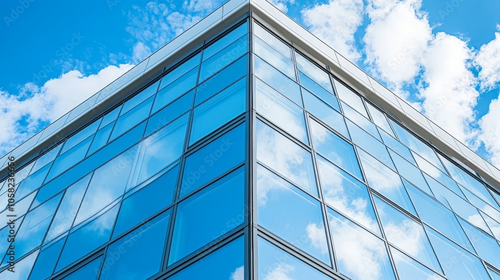 A modern glass building reflecting clouds and sky, showcasing contemporary architecture. A modern glass building reflecting clouds and sky, showcasing contemporary architecture.