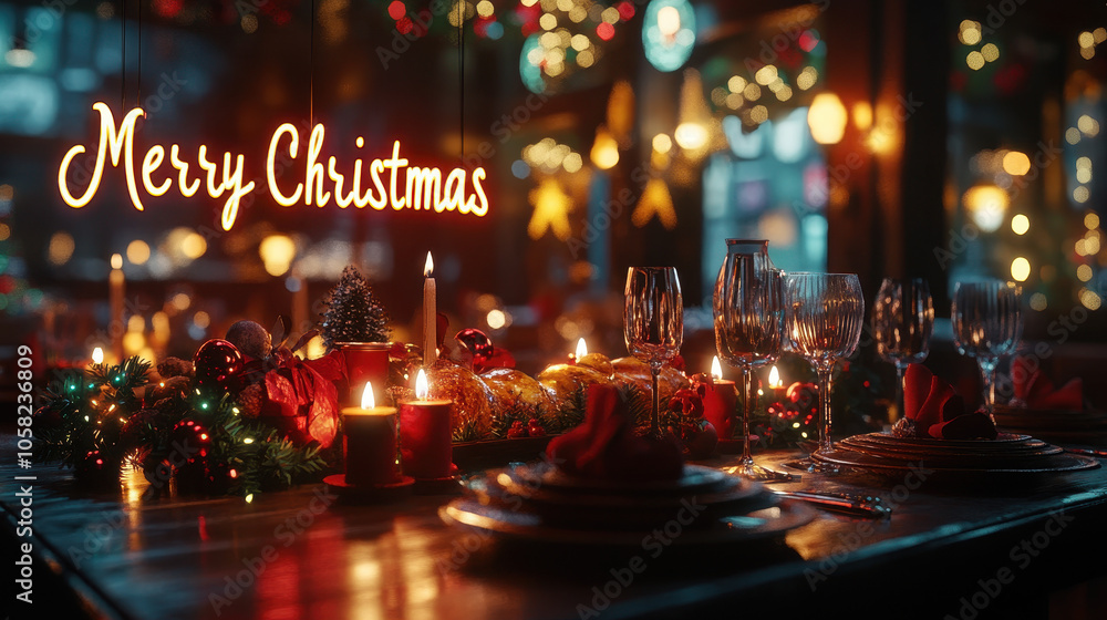 Holiday dining table set with elegant decorations, including candles and festive drinkware. A warm, cozy Christmas dinner setting.
Holiday dining table set with elegant decorations, including candles and festive drinkware. A warm, cozy Christmas dinner setting.