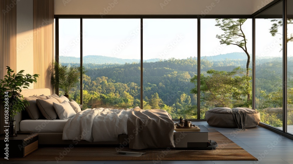 A stunningly realistic dream bedroom with large windows A stunningly realistic dream bedroom with large windows