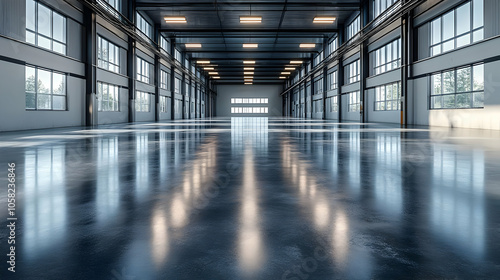 Photo of Empty Warehouse Interior with Shiny Floor