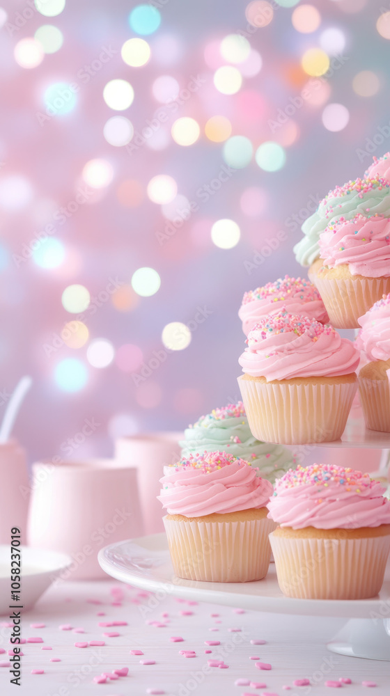 Delightful cupcakes with pink and green frosting, adorned with sprinkles, create festive atmosphere against soft, colorful bokeh background. Perfect for celebrations! Delightful cupcakes with pink and green frosting, adorned with sprinkles, create festive atmosphere against soft, colorful bokeh background. Perfect for celebrations!