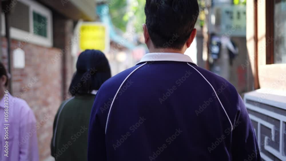 A couple, a Korean man in his 30s and a woman in her 20s, wearing tracksuits, enjoy an afternoon stroll on a public road in Seoul, South Korea. A couple, a Korean man in his 30s and a woman in her 20s, wearing tracksuits, enjoy an afternoon stroll on a public road in Seoul, South Korea.