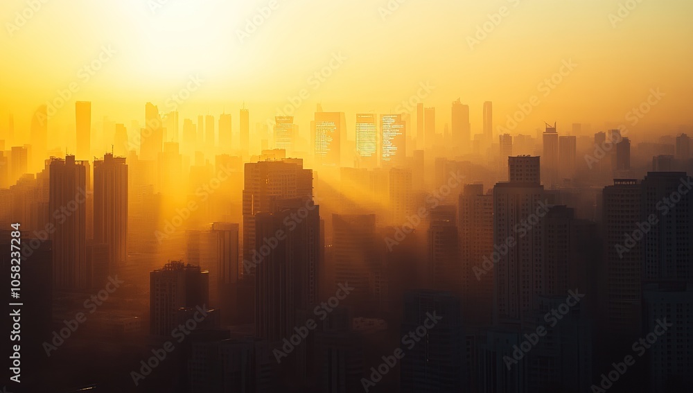 A city skyline at sunrise, with the sun casting a golden glow over the buildings. A city skyline at sunrise, with the sun casting a golden glow over the buildings.