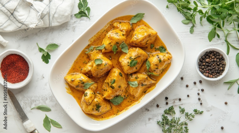 A tastefully arranged plate of garlic butter chicken on a clean A tastefully arranged plate of garlic butter chicken on a clean