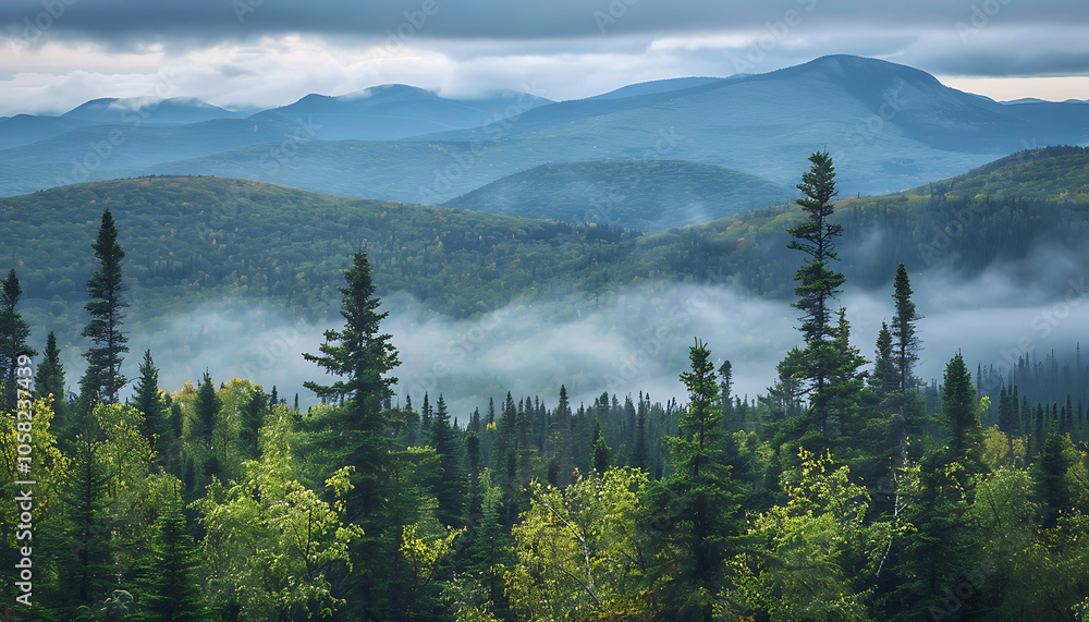 Obraz premium Fog in nature, beautiful natural scene view of fog in the forest with landscape by AI generative.
