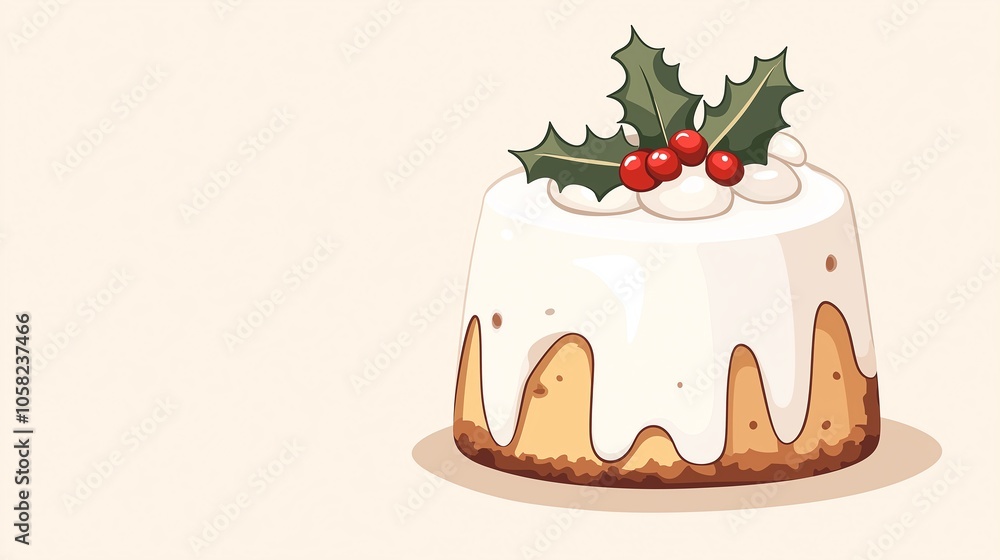 A festive Christmas cake topped with holly and berries, showcasing a creamy frosting against a soft, neutral background, perfect for holiday celebrations. A festive Christmas cake topped with holly and berries, showcasing a creamy frosting against a soft, neutral background, perfect for holiday celebrations.