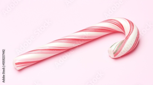 A festive candy cane with red and white stripes, set against a soft pink background. Perfect for holiday-themed designs and culinary uses.