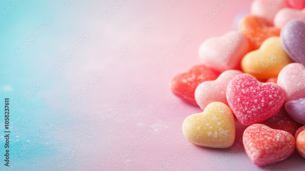 Colorful heart shaped candies create vibrant and sweet atmosphere, perfect for celebrations or romantic occasions. Their sugary texture and playful colors evoke joy and nostalgia Colorful heart shaped candies create vibrant and sweet atmosphere, perfect for celebrations or romantic occasions. Their sugary texture and playful colors evoke joy and nostalgia