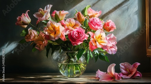 A vibrant bouquet of freshly picked roses and lilies arranged in