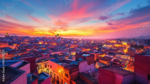 A vibrant sunset over the old city of Morocco, casting a warm glow