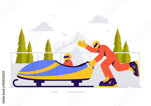 Vector Illustration of an Athlete Riding a Bobsleigh on a Snow Covered, Icy Track for a Competitive Winter Sport Activity in a Flat Style Background