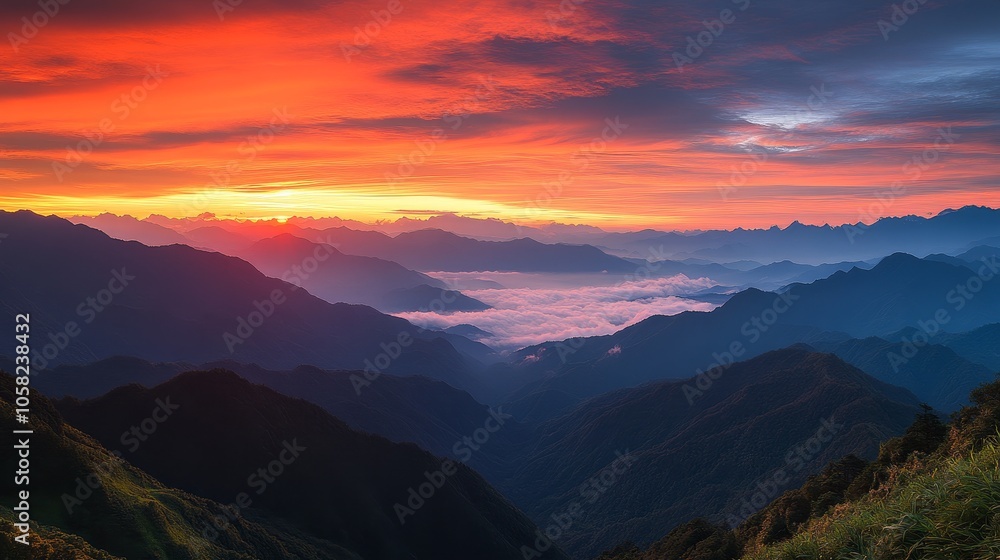 A breathtaking sunset over mountains, casting vibrant colors across the sky and valleys. A breathtaking sunset over mountains, casting vibrant colors across the sky and valleys.