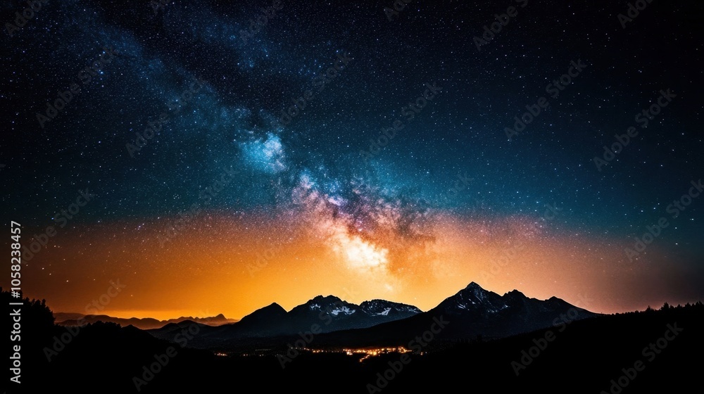 Naklejka premium Starry Night Sky with the Milky Way Above Mountains