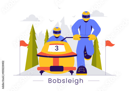 Vector Illustration of an Athlete Riding a Bobsleigh on a Snow Covered, Icy Track for a Competitive Winter Sport Activity in a Flat Style Background