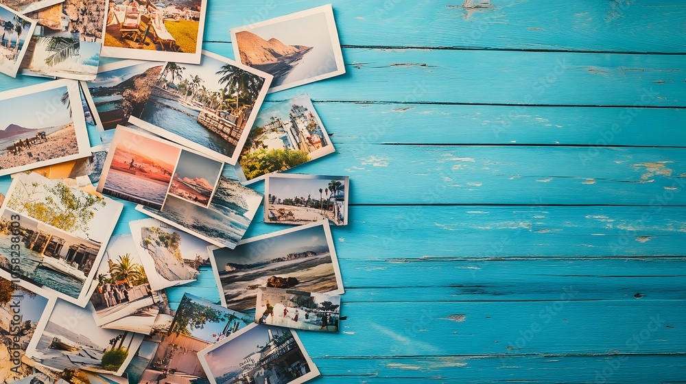 heap of travel photos on azure wood background. heap of travel photos on azure wood background.