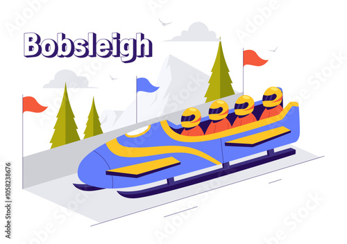 Vector Illustration of an Athlete Riding a Bobsleigh on a Snow Covered, Icy Track for a Competitive Winter Sport Activity in a Flat Style Background