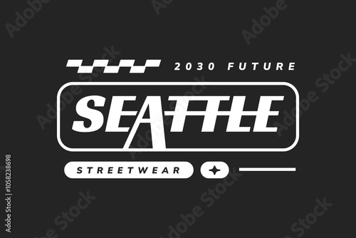 Streetwear design T-shirt template. Monochrome y2k style. Typography futuristic editable. Seattle word