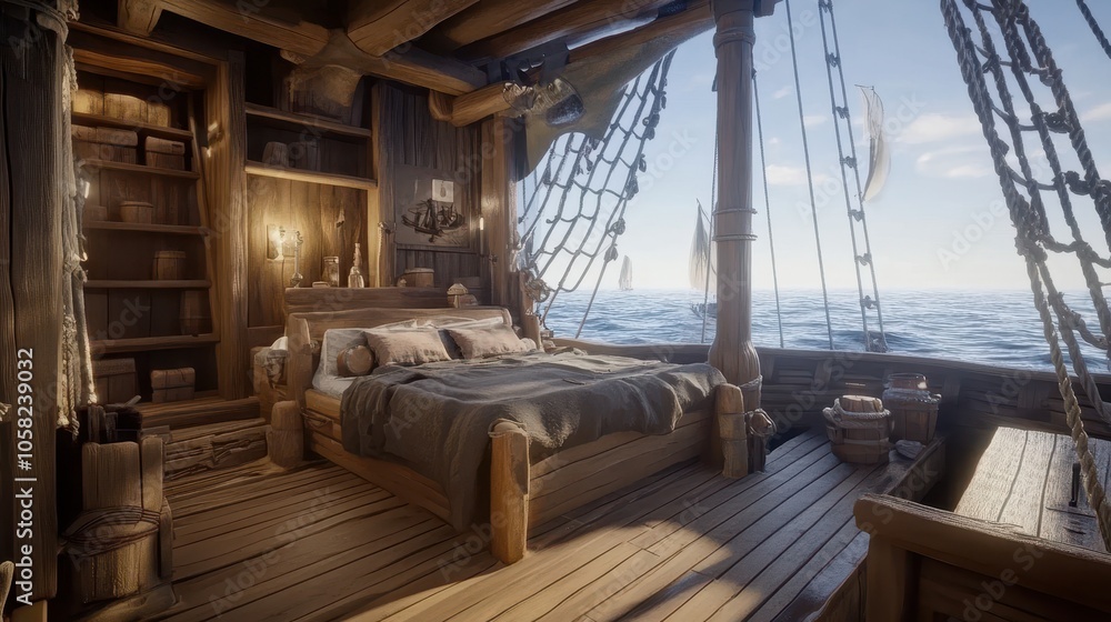 Wooden Cabin on a Sailboat with a View of the Ocean Wooden Cabin on a Sailboat with a View of the Ocean