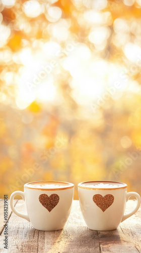 Warm and cozy coffee cups with heart designs, set against blurred autumn background, evoke feelings of love and comfort. Perfect for romantic moments or fall gatherings