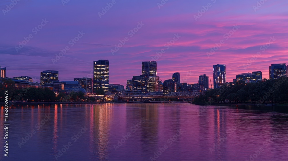 A vibrant city skyline reflected in water during twilight, showcasing beautiful colors in the sky. A vibrant city skyline reflected in water during twilight, showcasing beautiful colors in the sky.
