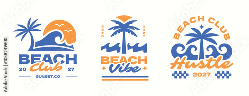 Beach club logos badge. Tropical sunset vibes apparel design template